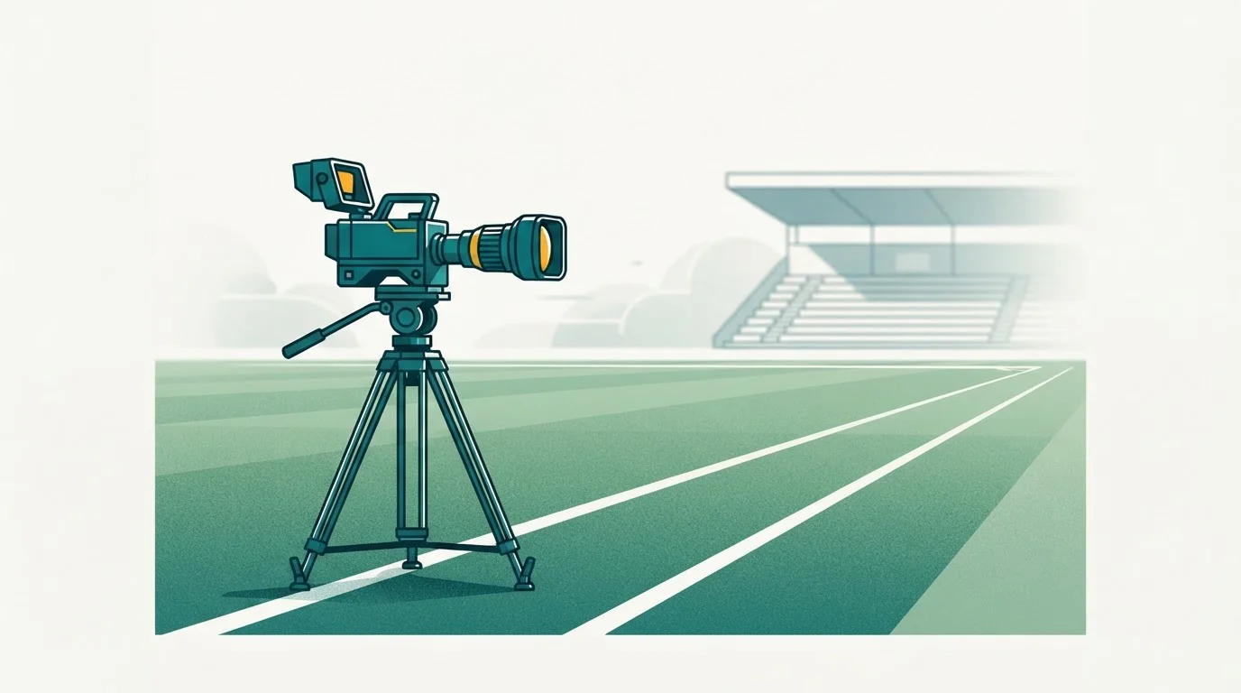 Fernsehkamera auf einem Stativ unmittelbar neben dem Fußballspielfeld