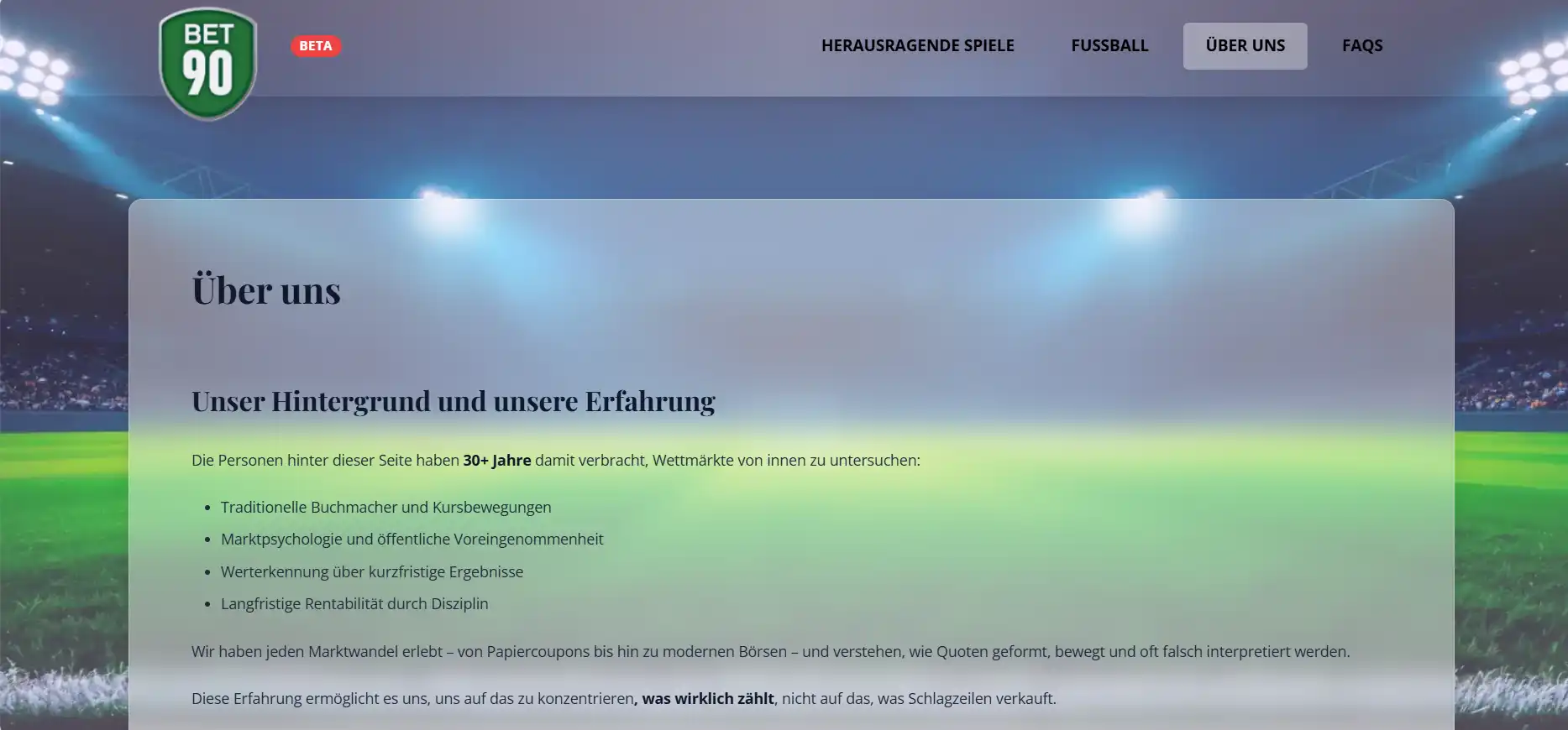 Redaktionelle Webseite von Bet90 mit Überschrift und Text zu Fußballvorschauen