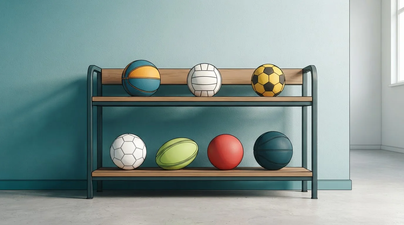 Regal mit Fußbällen und weiteren Sportbällen in einer hellen Halle
