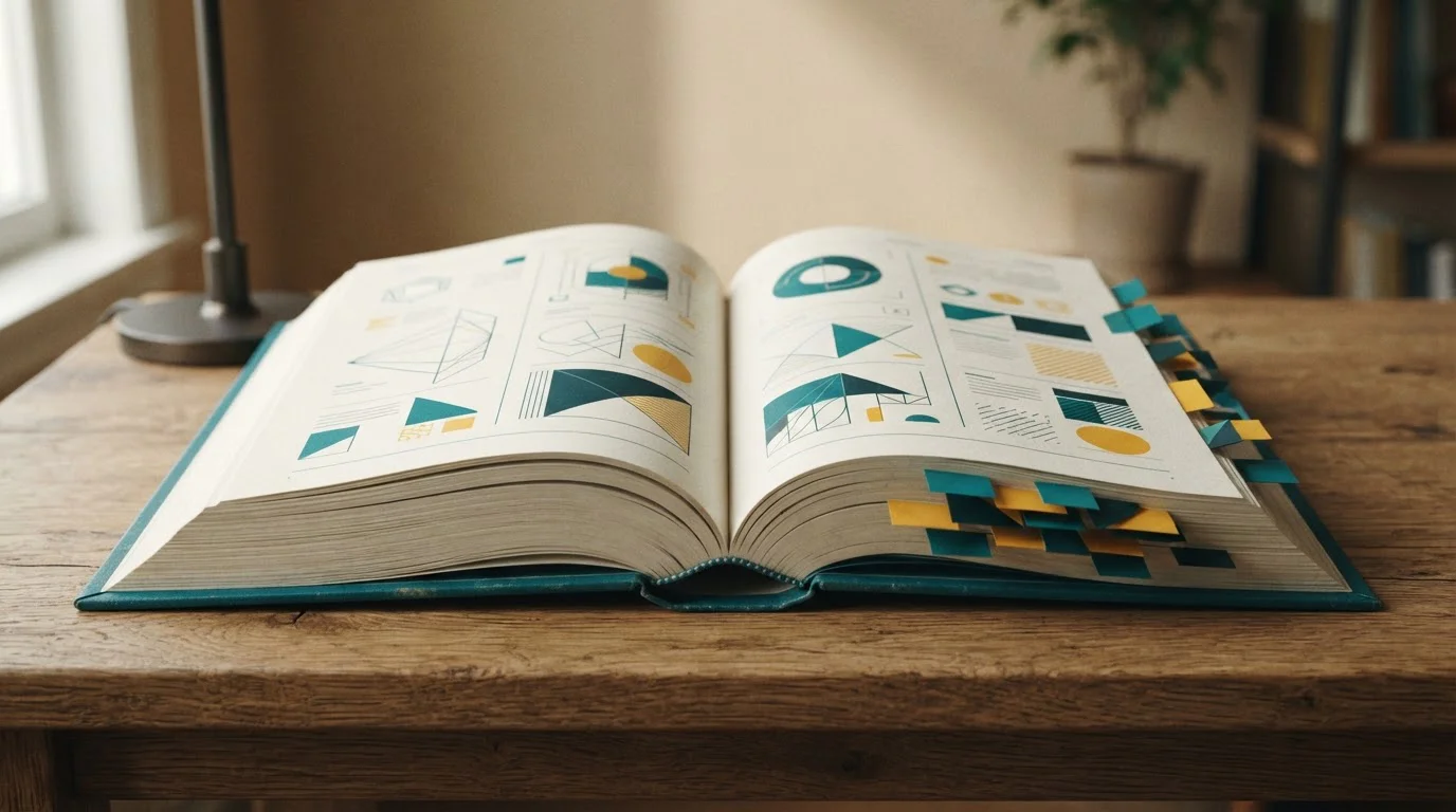Aufgeschlagenes Nachschlagebuch mit bunten Registerstreifen und bedruckten Seiten