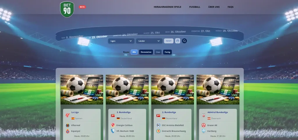 Fußballspielkalender mit Begegnungen und Ansetzungen auf der Bet90-Startseite