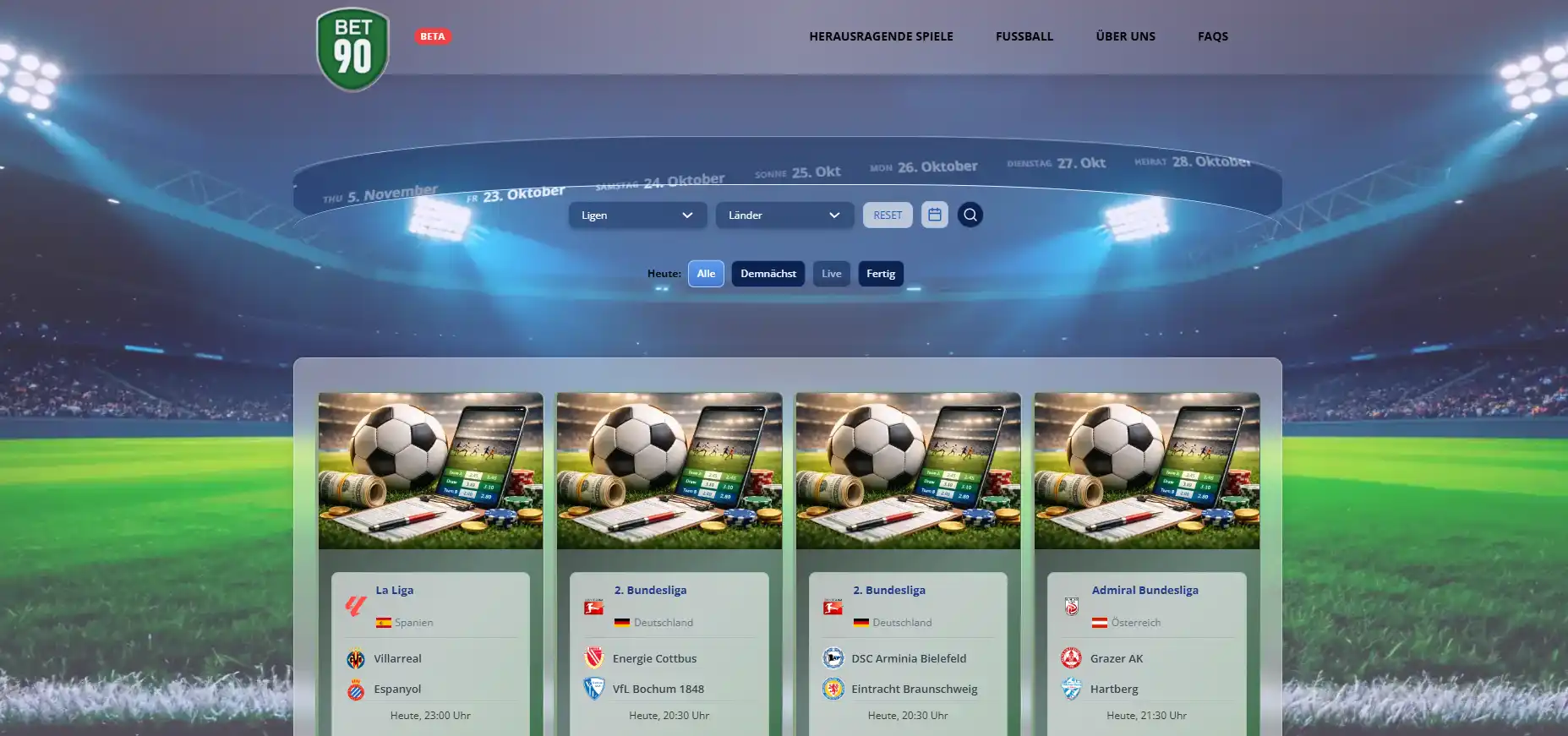 Fußballspielkalender mit Begegnungen und Ansetzungen auf der Bet90-Startseite