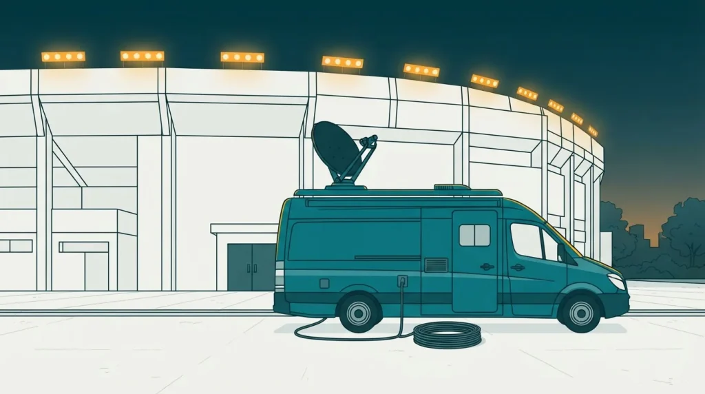Fernsehübertragungswagen mit Satellitenschüssel vor einem Fußballstadion