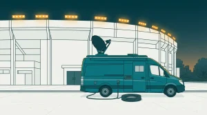 Fernsehübertragungswagen mit Satellitenschüssel vor einem Fußballstadion