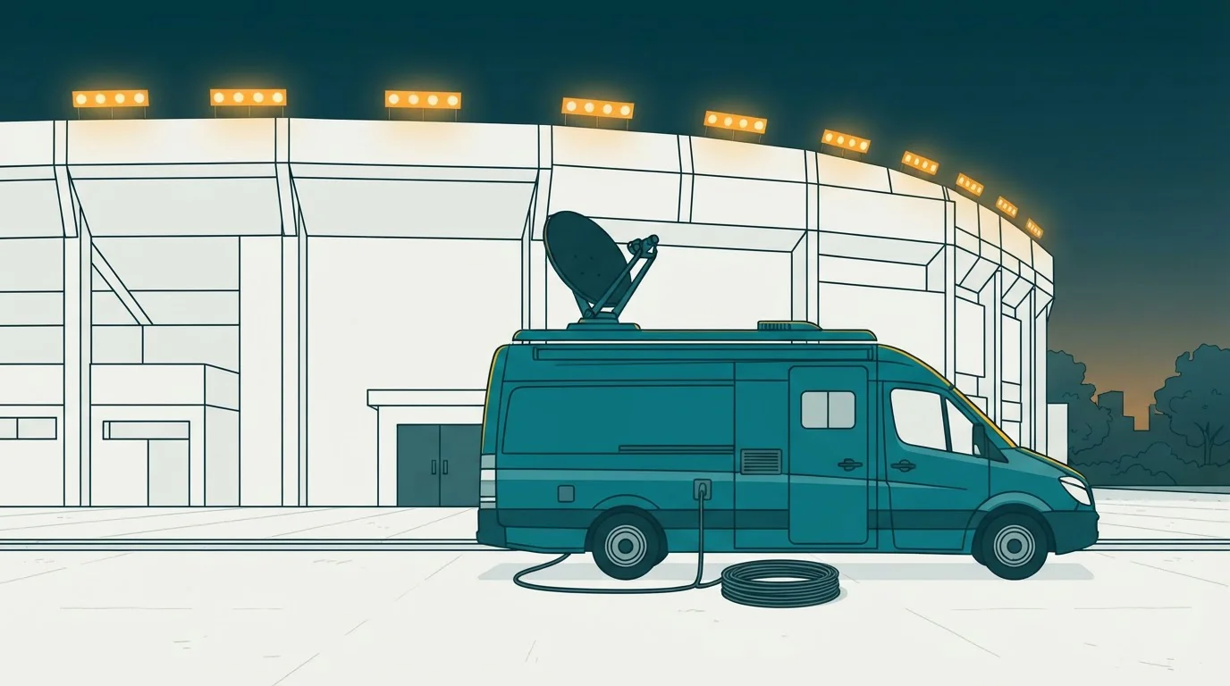 Fernsehübertragungswagen mit Satellitenschüssel vor einem Fußballstadion